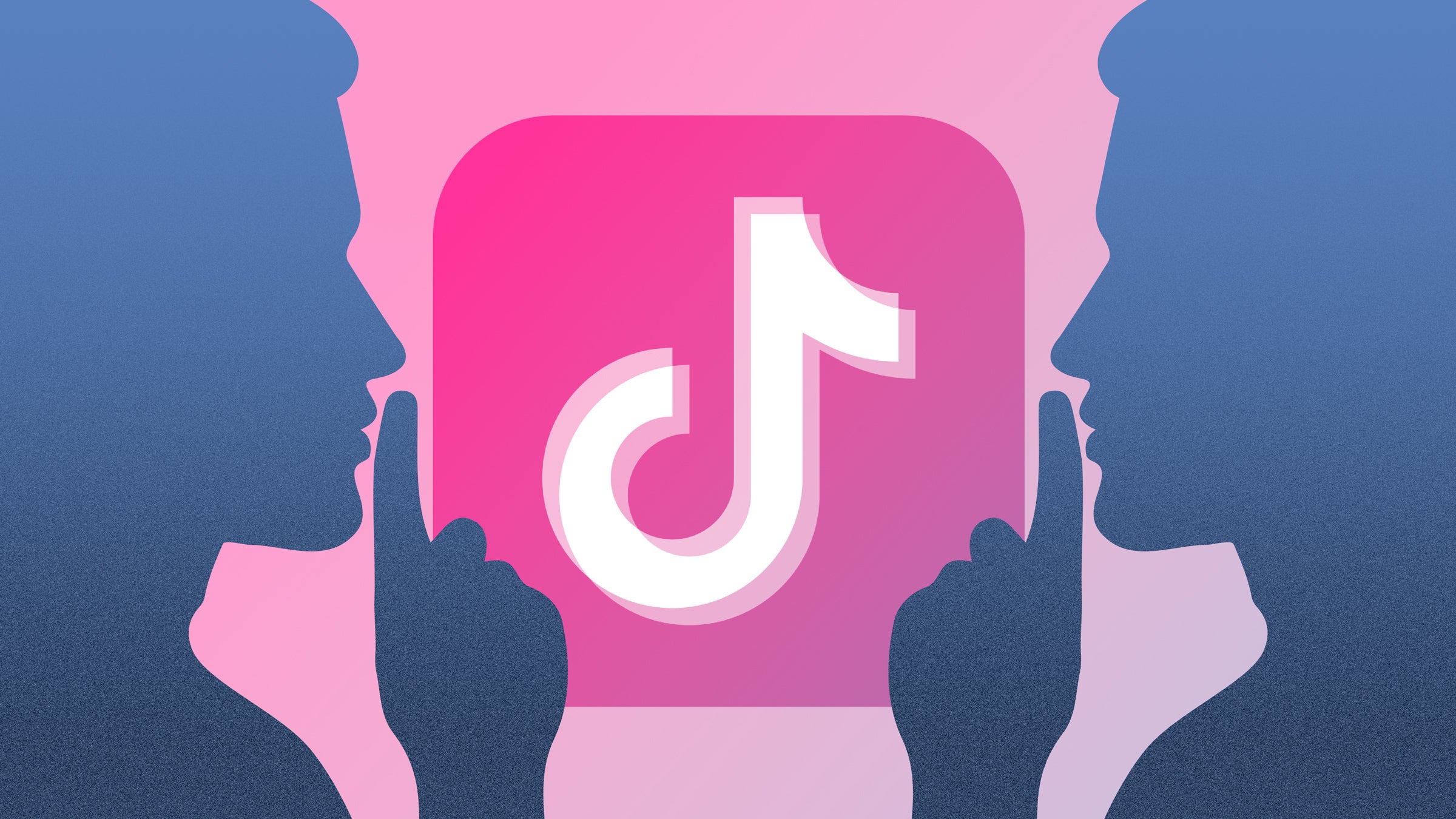 illustration showing shadow-y figures making the shushing sign in front of the TikTok logo.