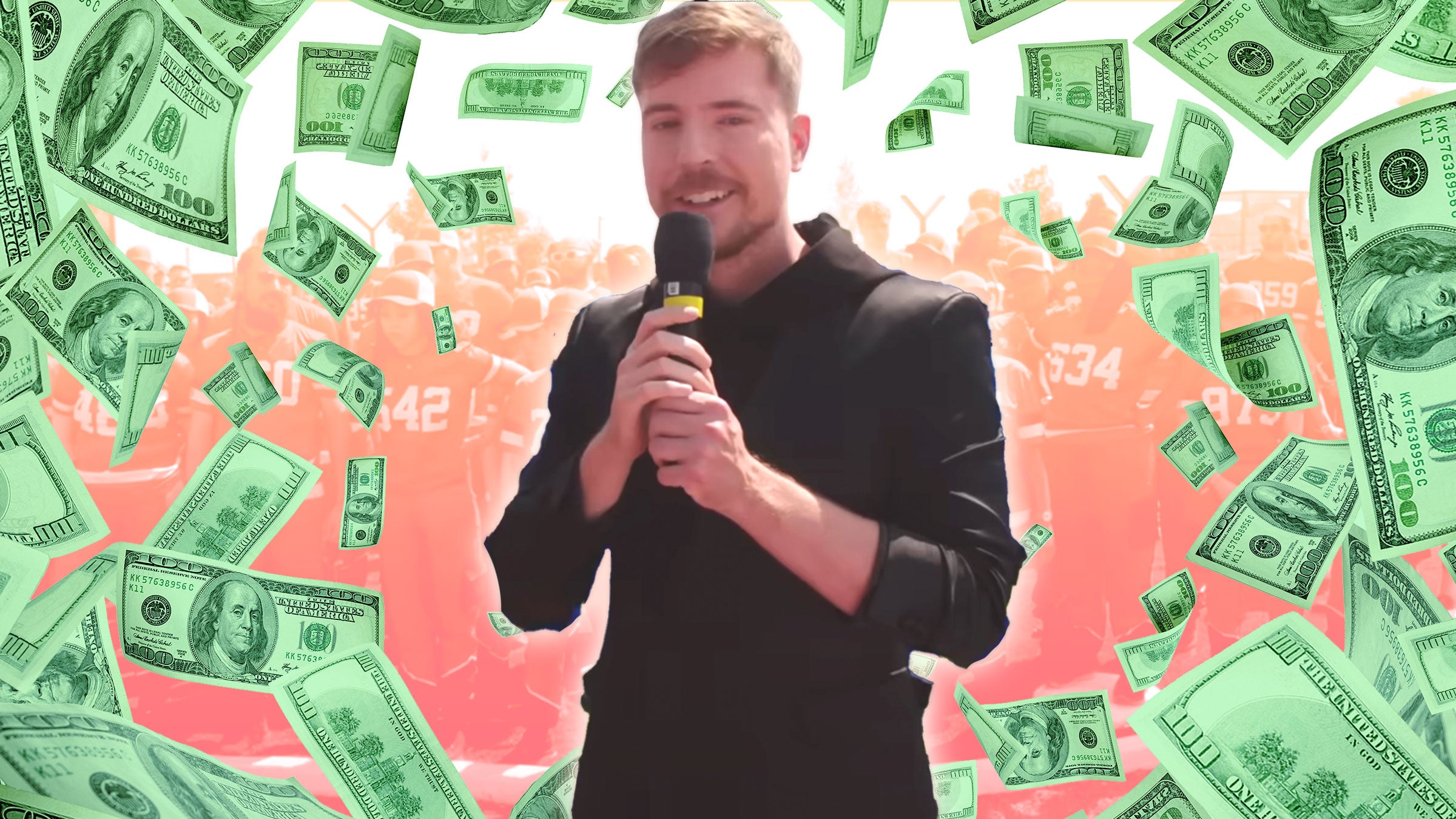 Screenshot of Mr. Beast from Beast Games episode 1 surrounded by $100 bills.
