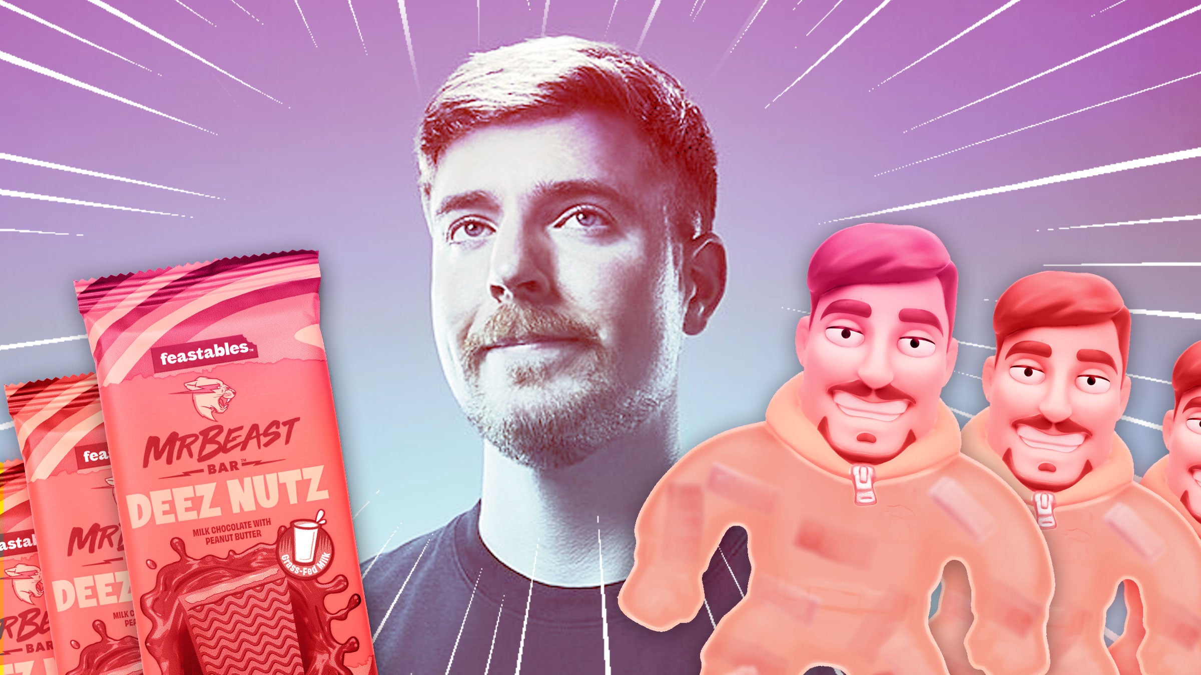 Photo Illustration of Mr. Beast with Mr. Beast Bars and the Mr. Beast Lab Goo-filled Mr. Beast toy.