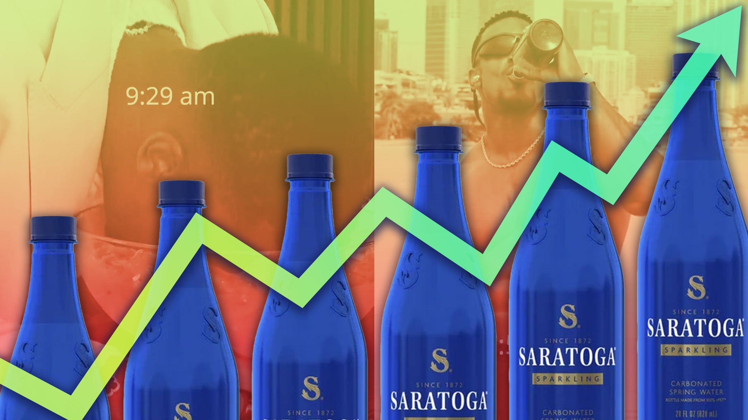 Saratoga Sparkling Water, Photo illustration of a stock market arrow rising over bottles of Saratoga Sparkling water; Background: Screenshots from @AshtonHallofc's Morning routine.