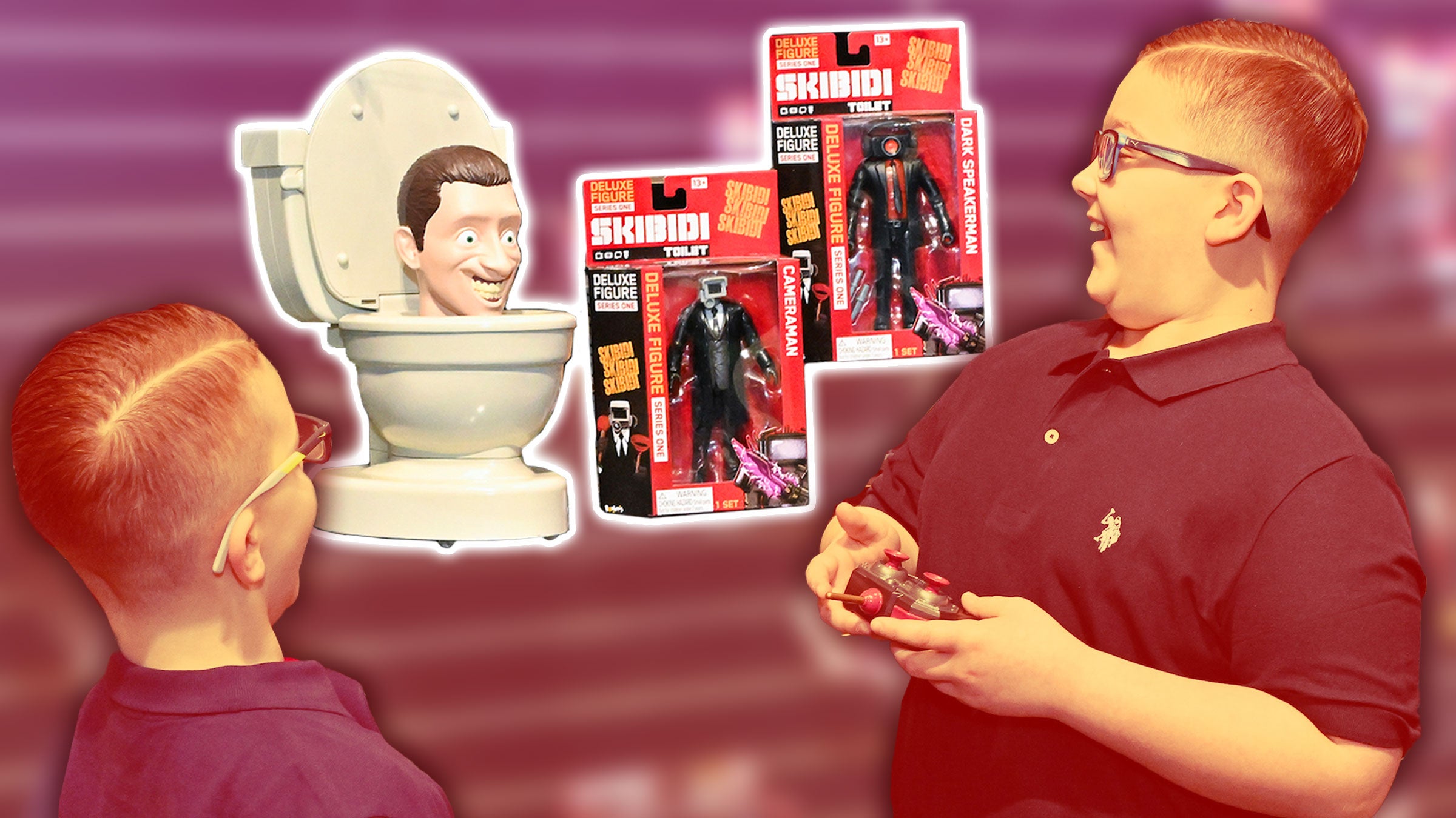 skibidi toilet toys - Photo illustration of two boys playing with a Skibidi Toilet toy.