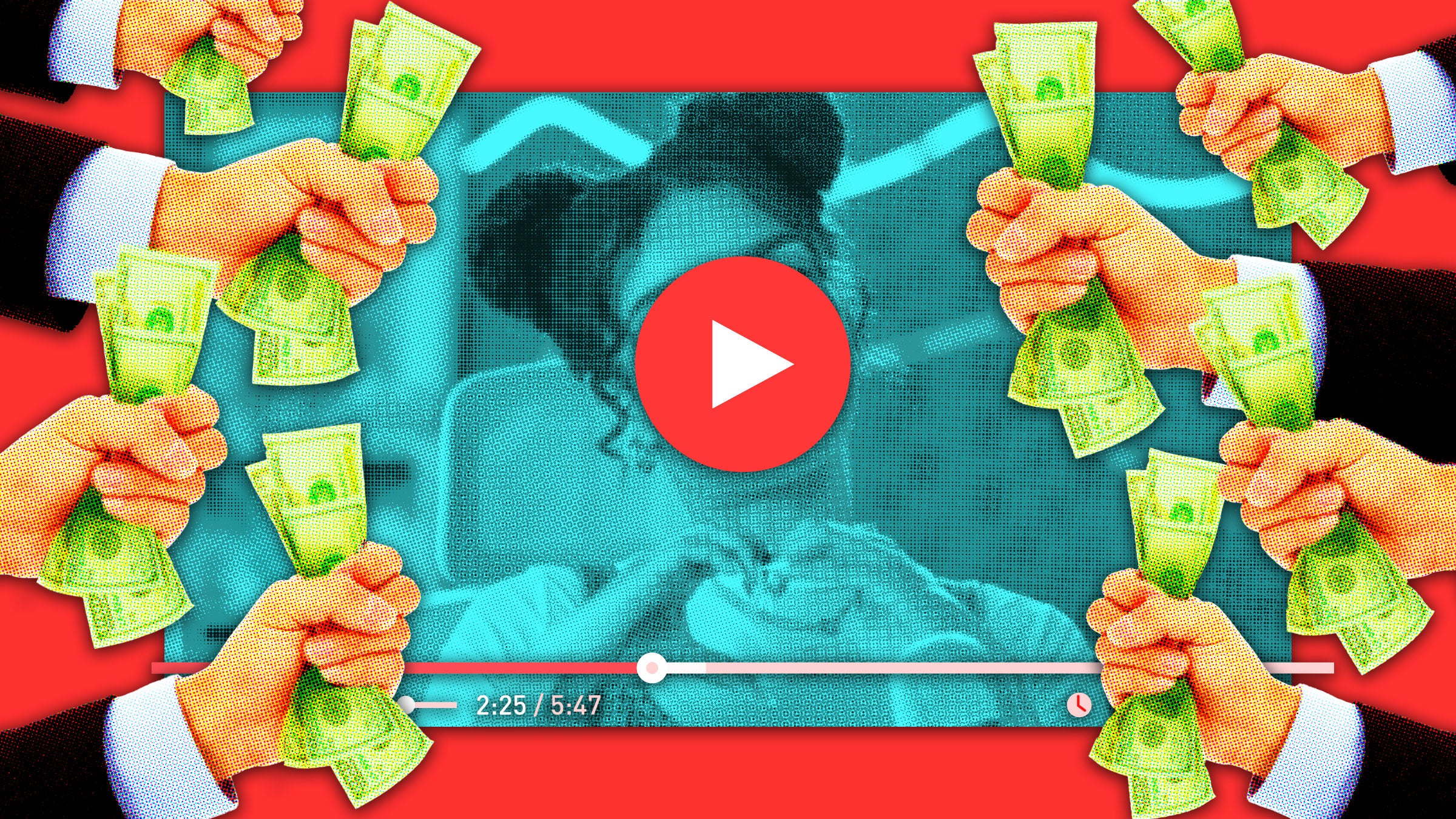 Photo Illustration of several hands presenting fistfuls of dollars at a youtuber.