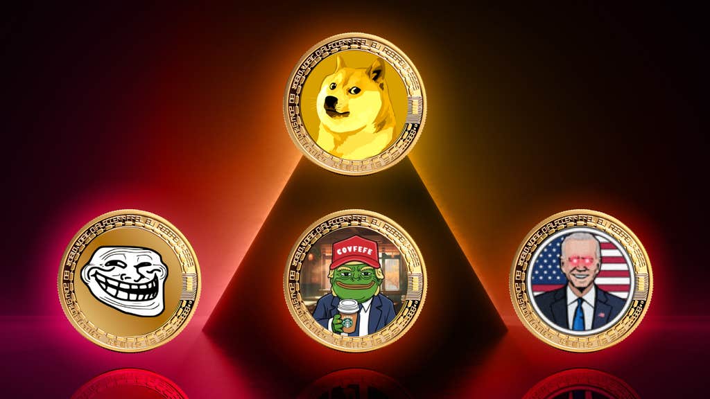 slang coins - A photo collage illustration showing various meme-based crypto coins on a pyramid.