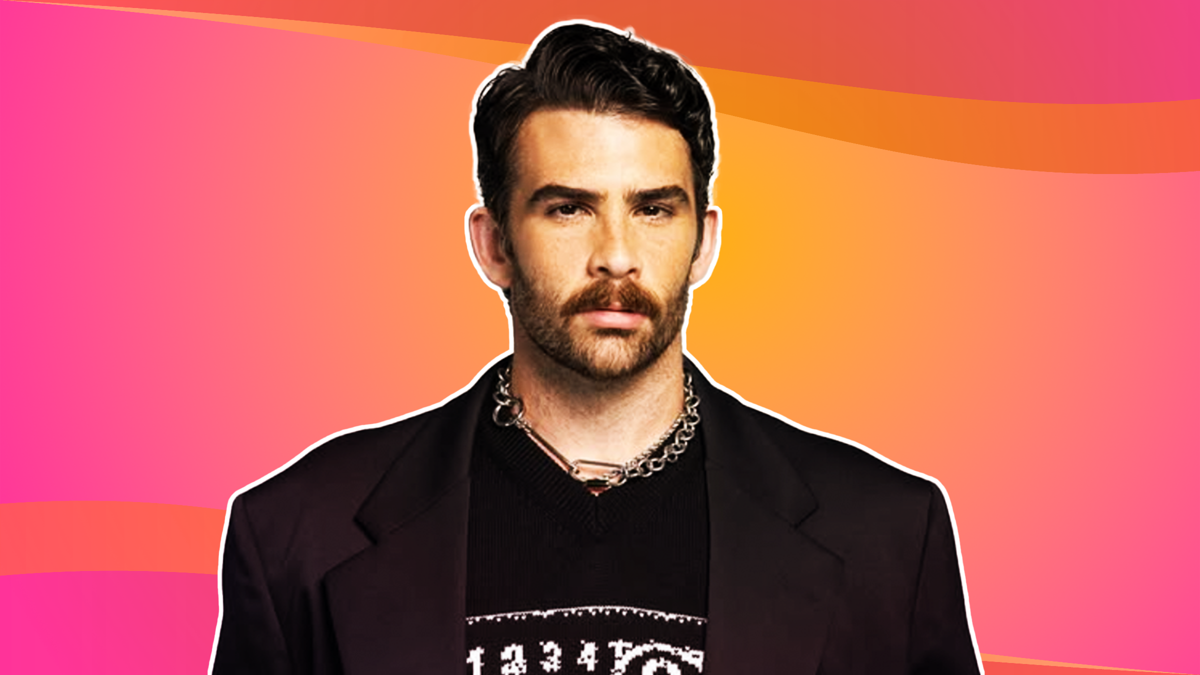 photo collage of Hasan Piker on Pink & orange gradient and border