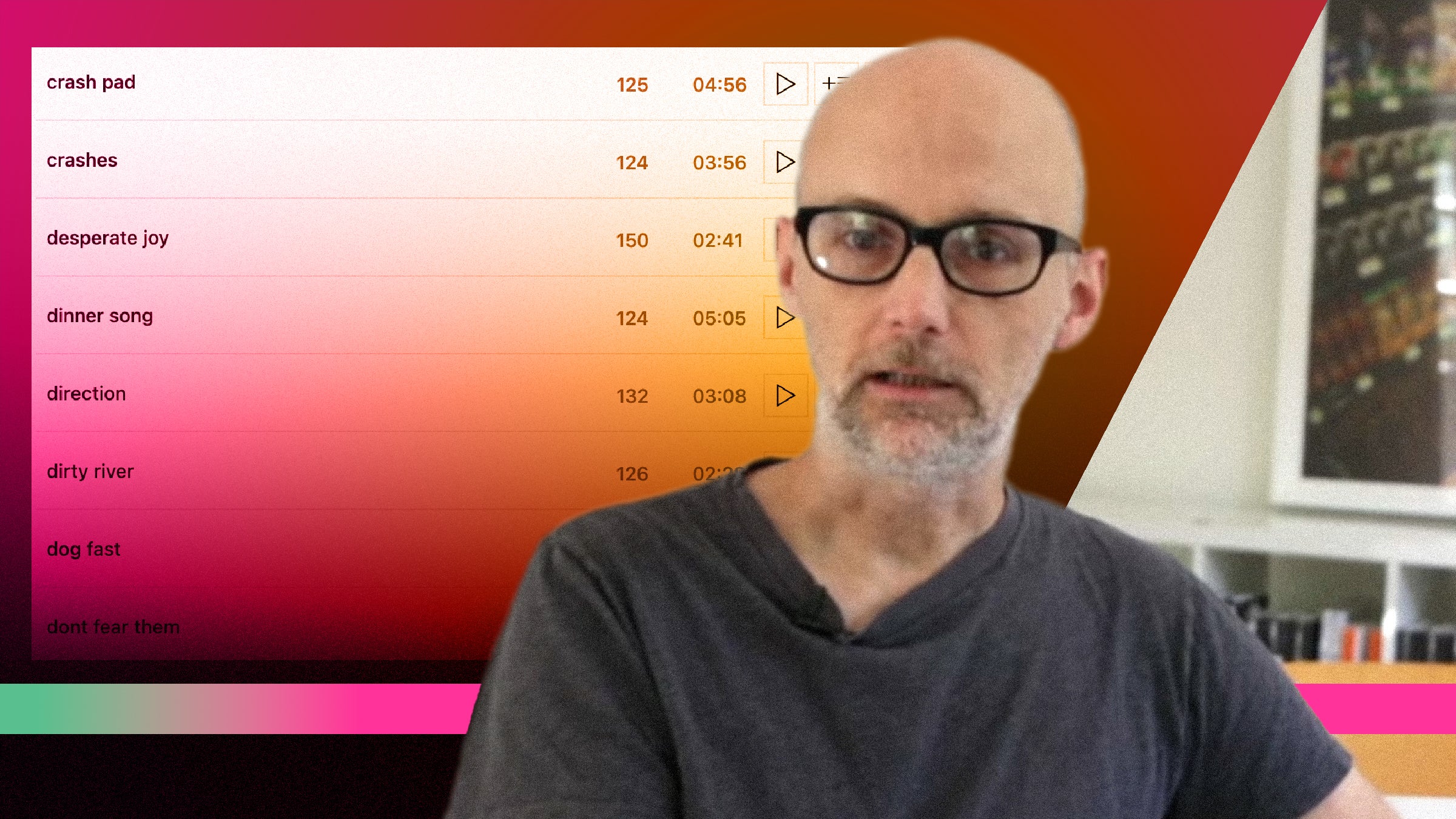 mobygrats - photo collage image of Moby and a playlist behind him.