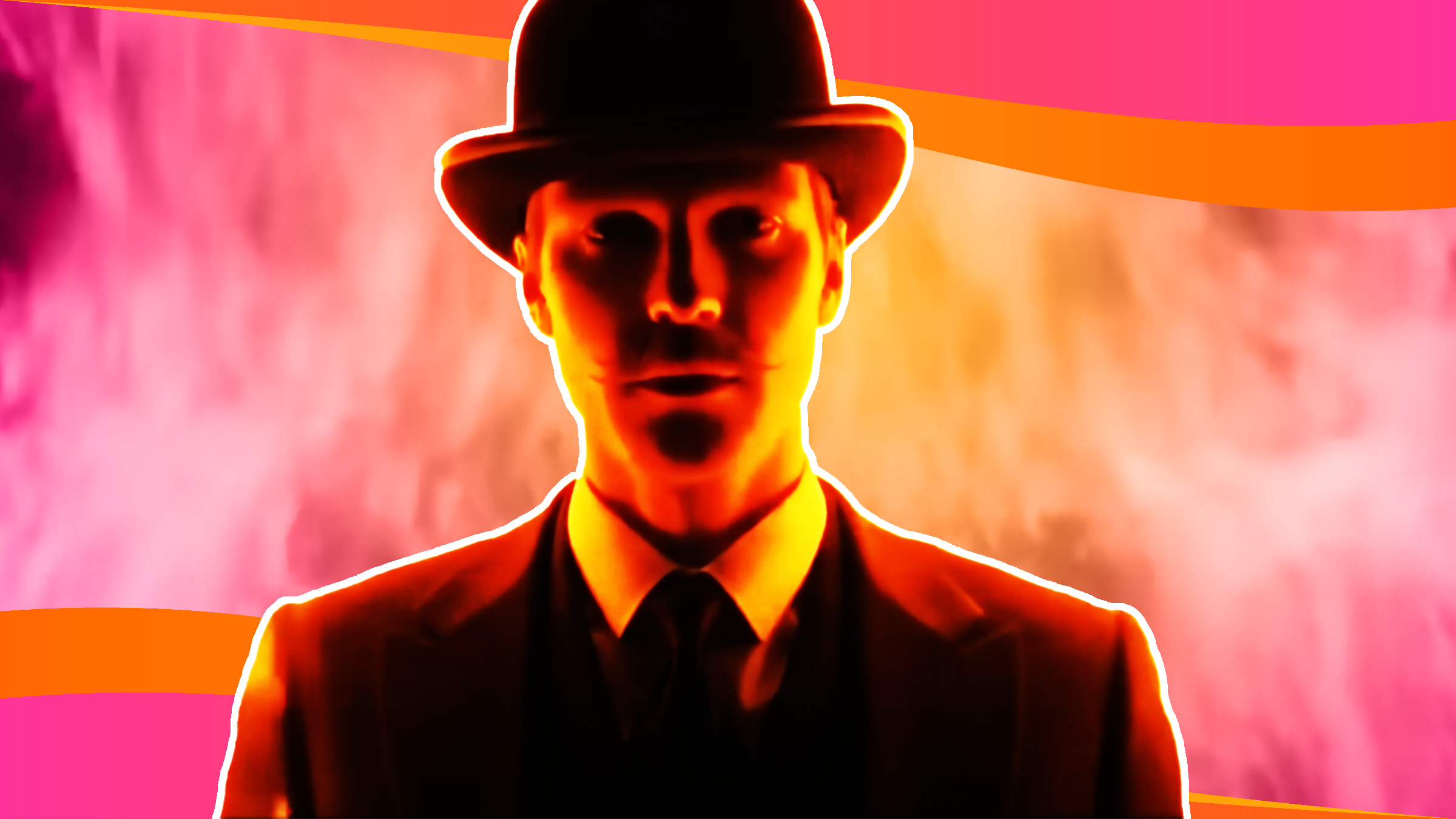 Image collage of red Man with hat and mustache in front of fiery gradient