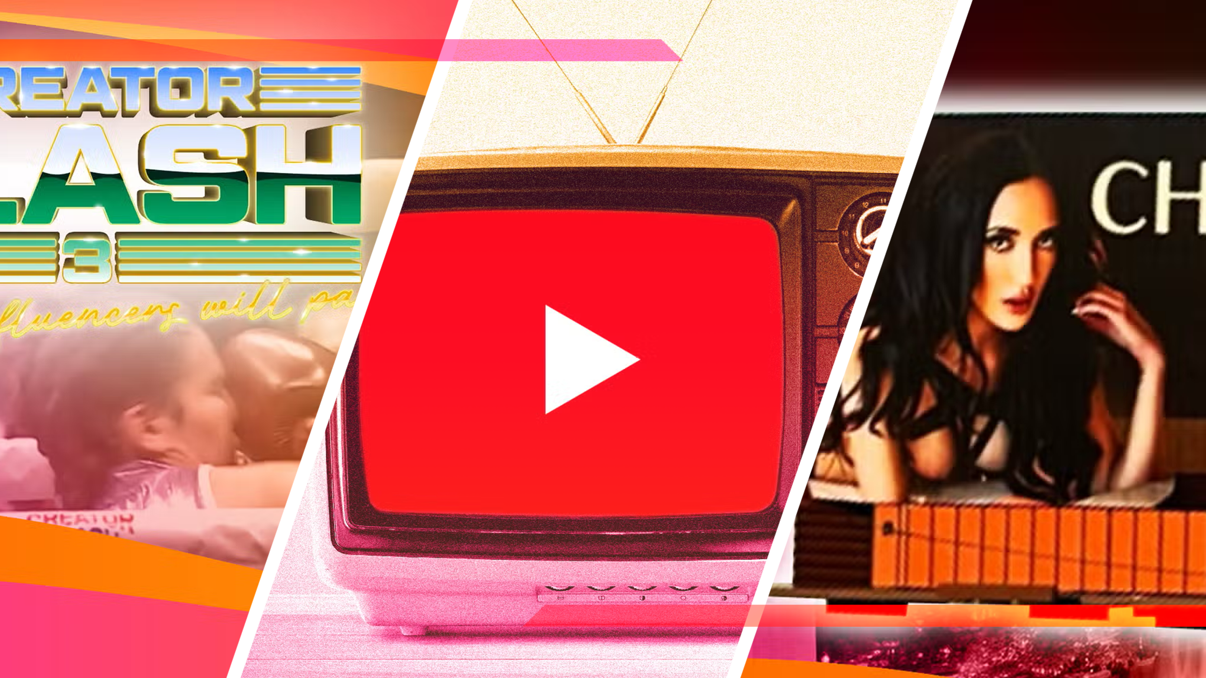3 Panel collage of youtuber person getting punched, youtube logo on tv, billboard with OF model