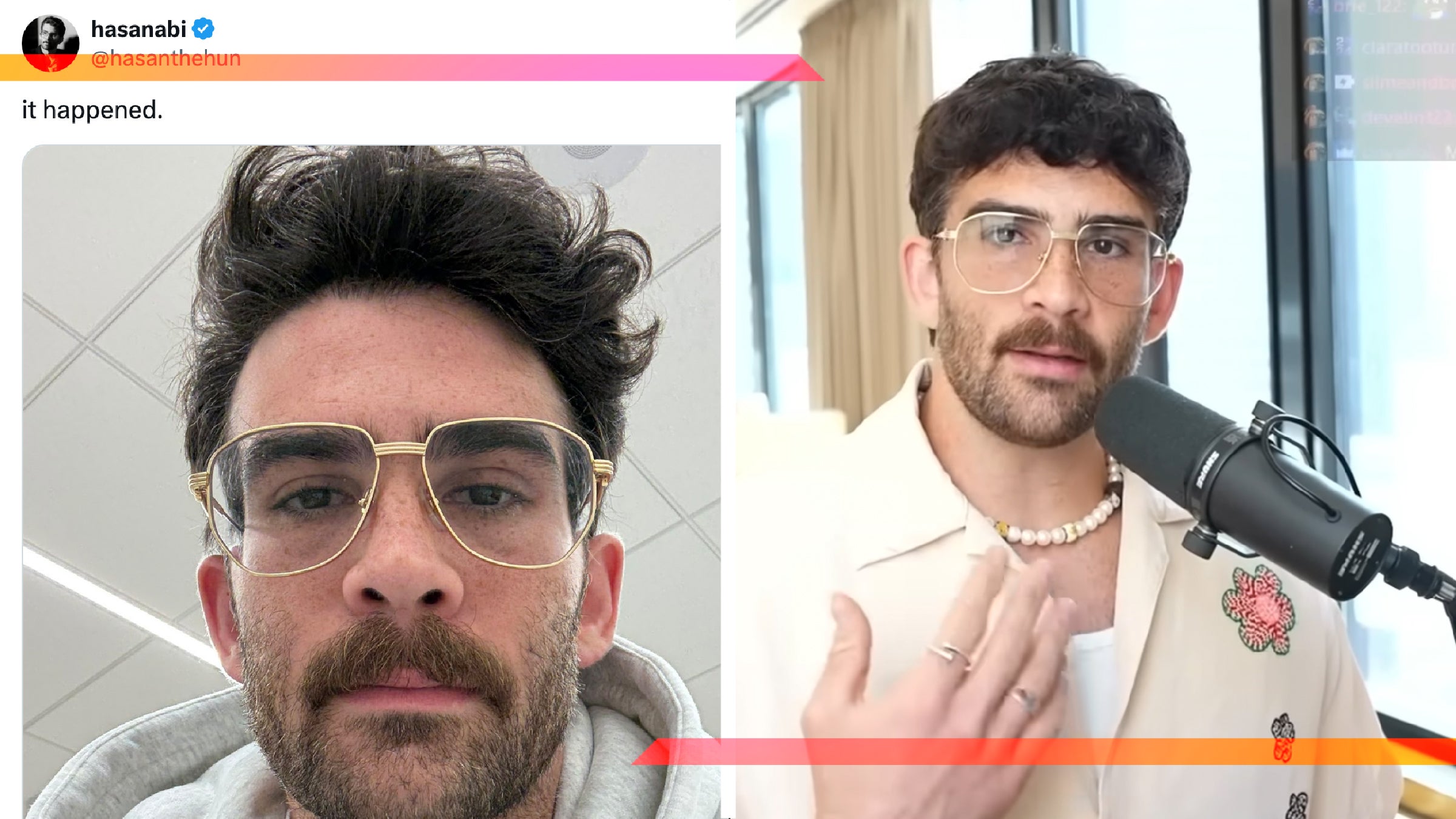 2 panel image of influencer Hasan Piker speaking about his detainment.