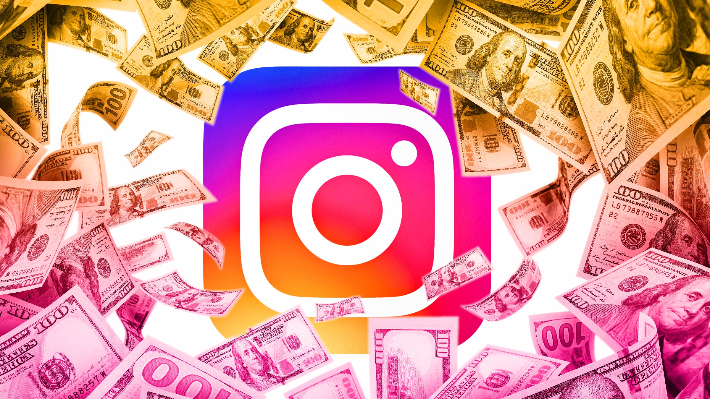 The Instagram logo and money falling all around it.