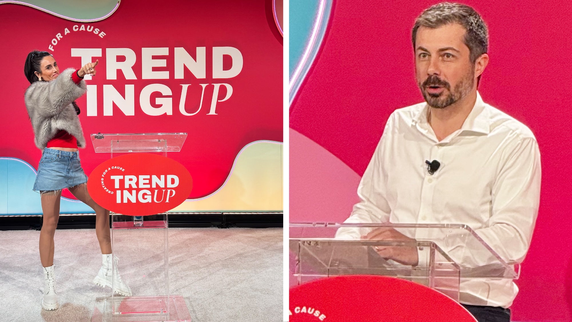 2 panel image showing Pete Buttigieg and others at the Trending Up conference.