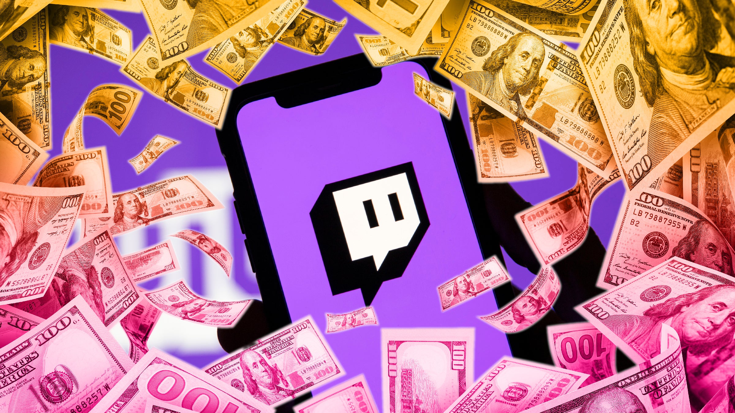 the Twitch logo on a phone with 100 dollar bills falling around it.