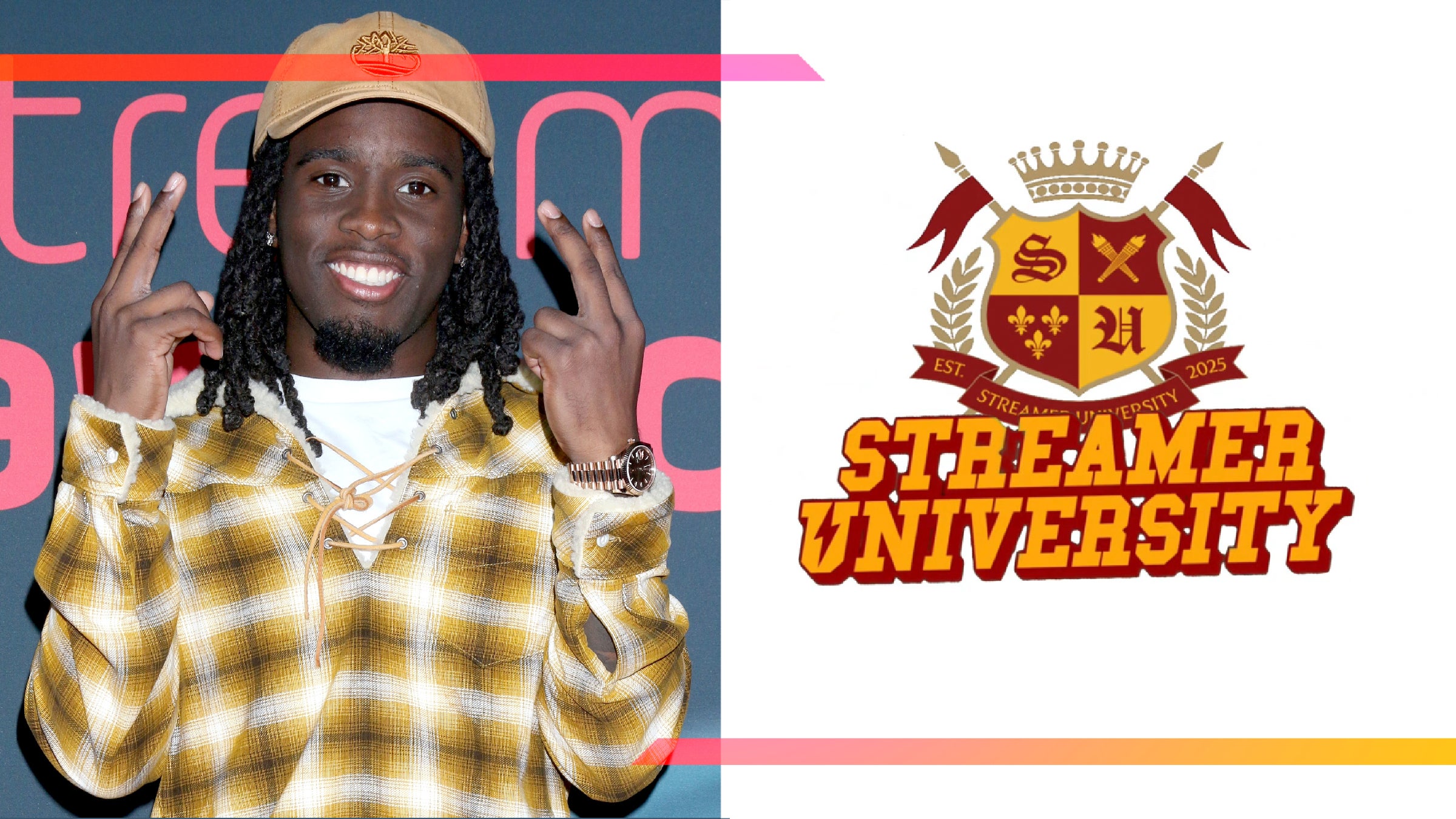 Kai Cenat side by side with the Streamer University logo.