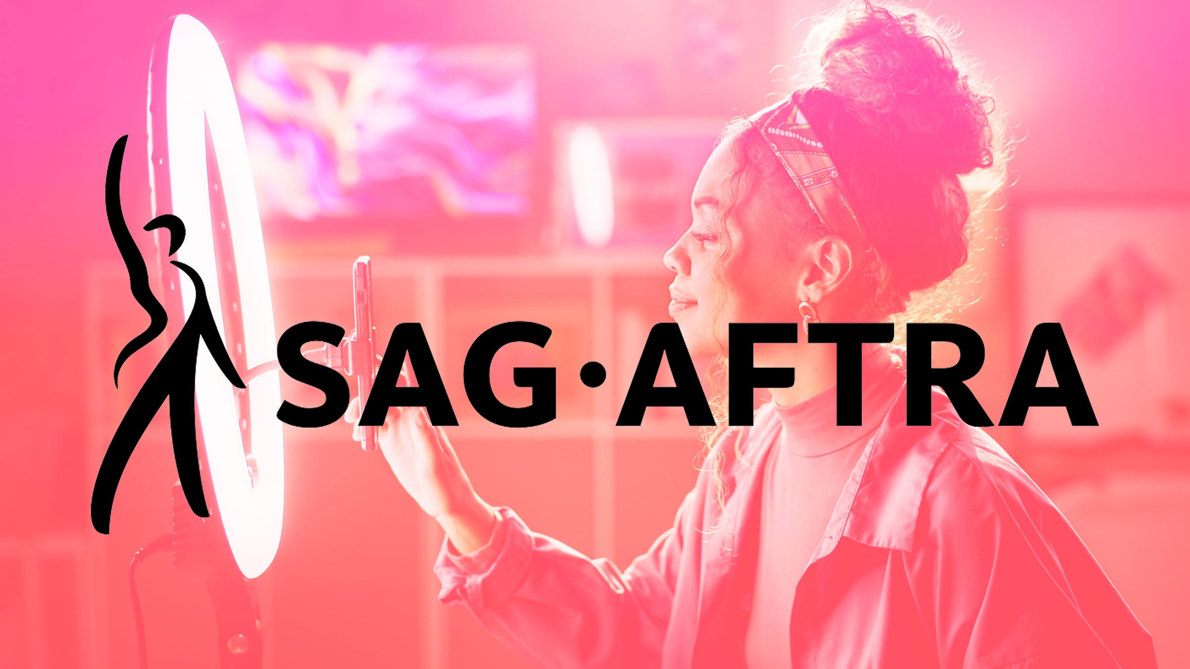 The SAG-AFTRA logo over a photo of an influencer with a ring light.