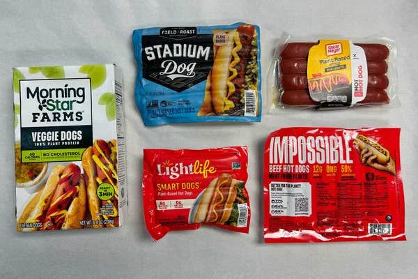five brands of veggie dogs in packaging