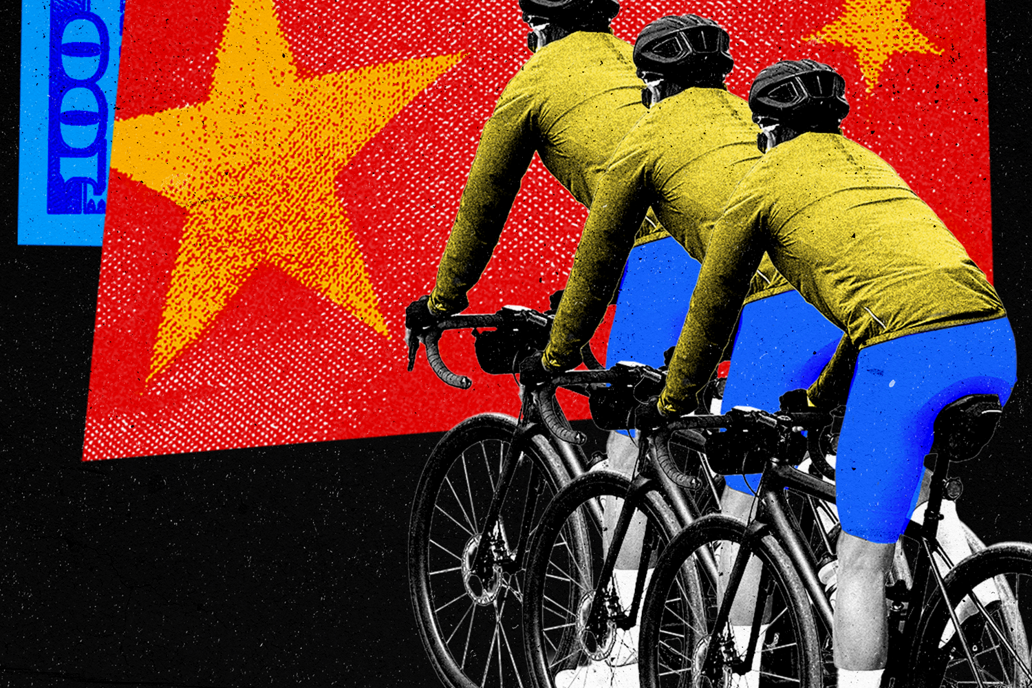 Photocollage featuring man on bike, Chinese flag, and money.