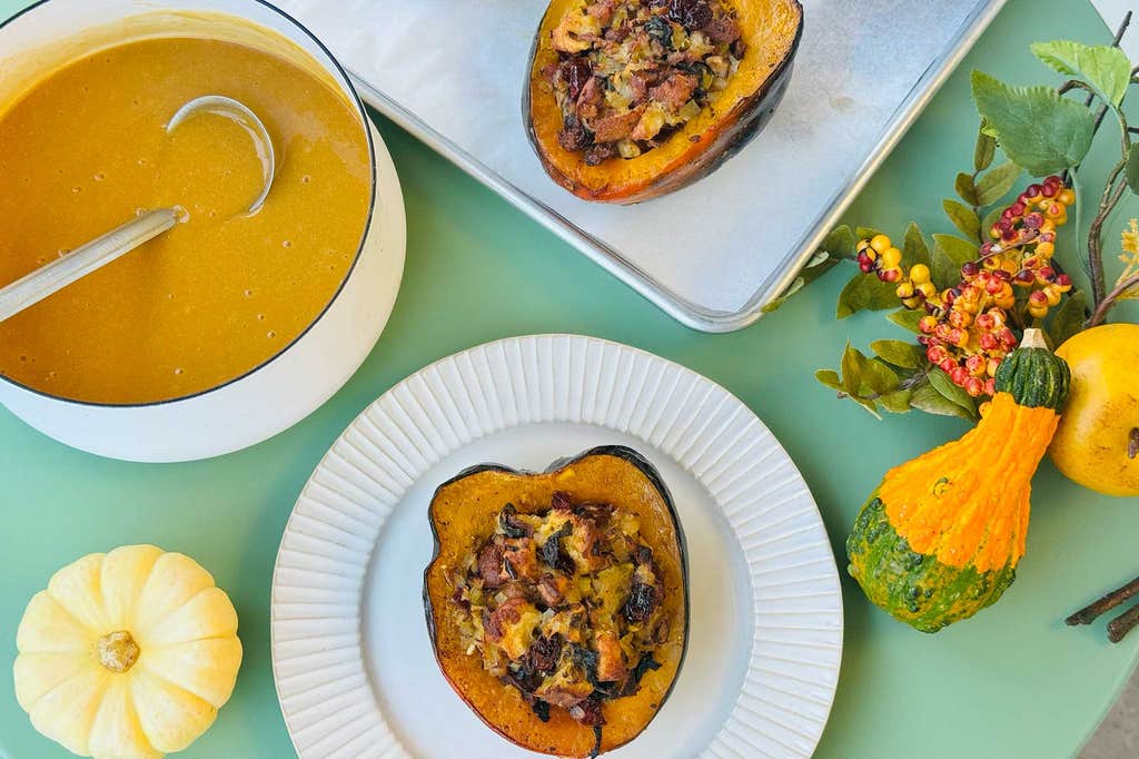 Stuffed acorn squash with meatless pantry gravy