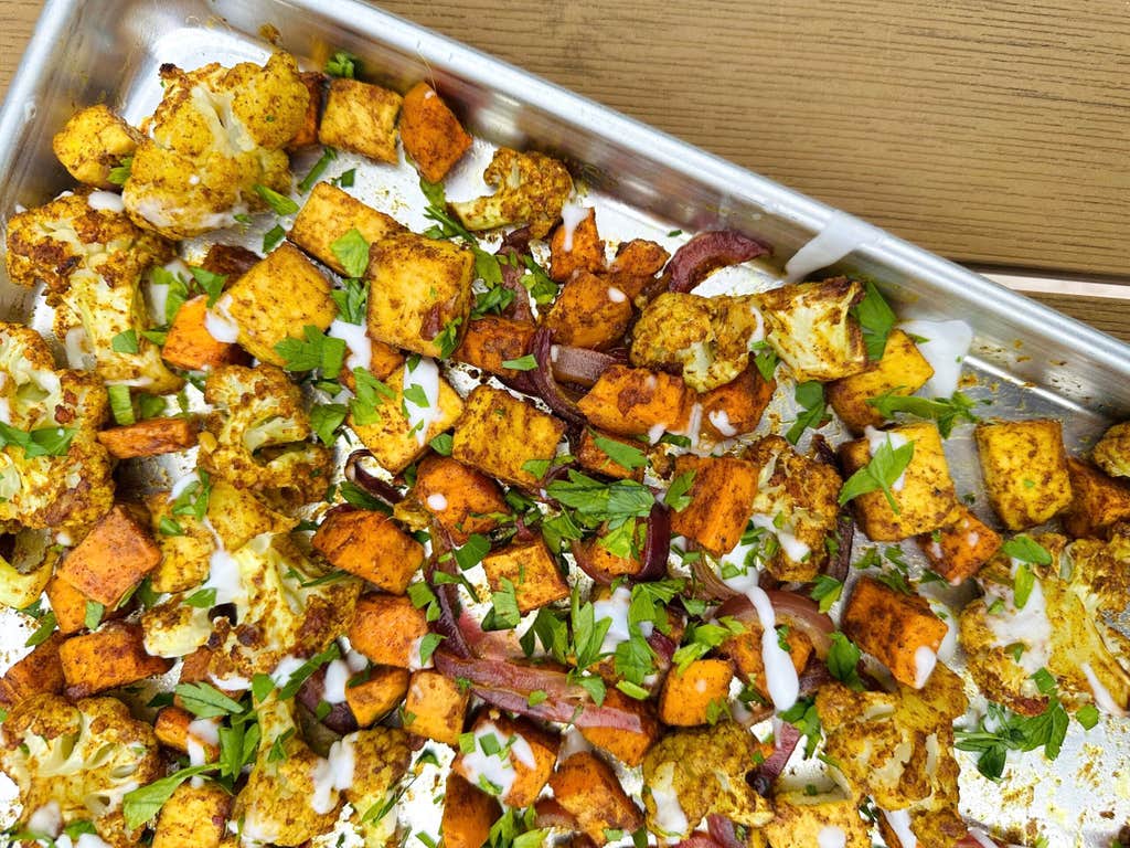 Sheet-pan mango masala veggies and tofu