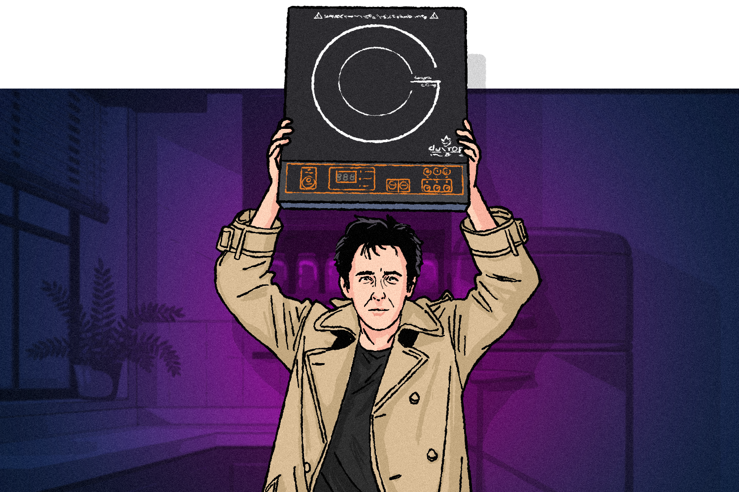 A man holding a portable induction burner over his head in an homage to Say Anything