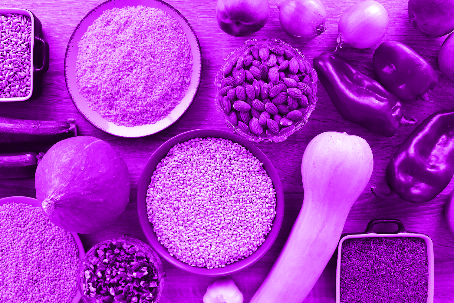 Assortment of various healthy fruits, vegetables, grains and legumes