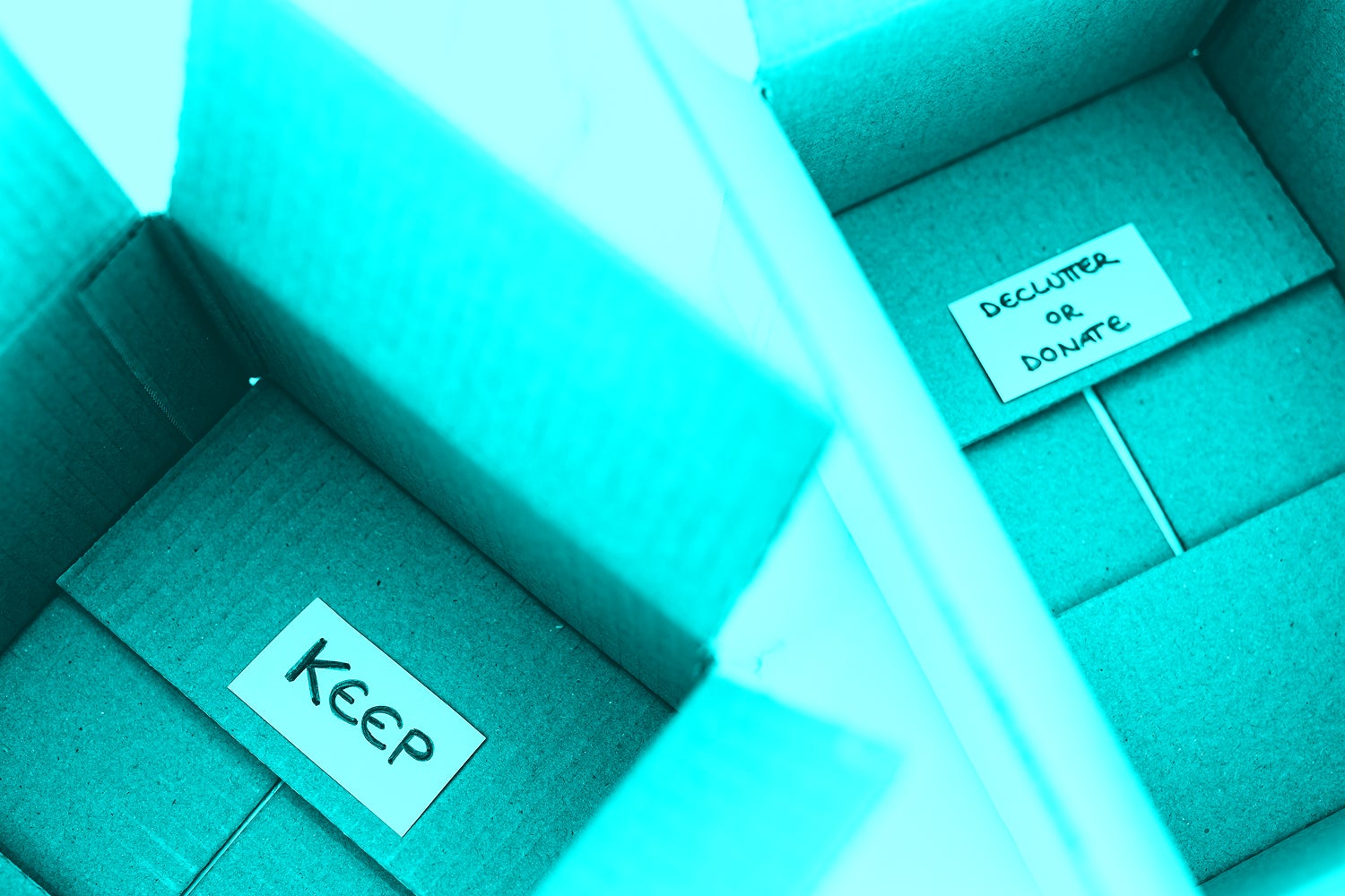 decluttering concept, storage boxes to sort between objects to keep and those to declutter or donate with labels